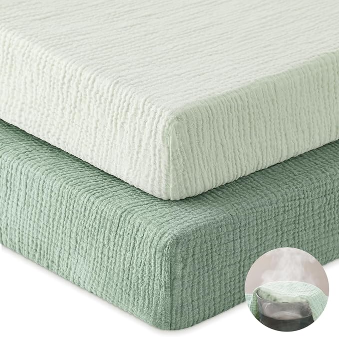 Muslin Crib Sheets for Boys Girls, 100% Cotton Fitted Crib Sheet 2 Pack for Standard Crib and Toddler Mattress, Breathable Soft Baby Sheet 28x52x8in Gradient Green