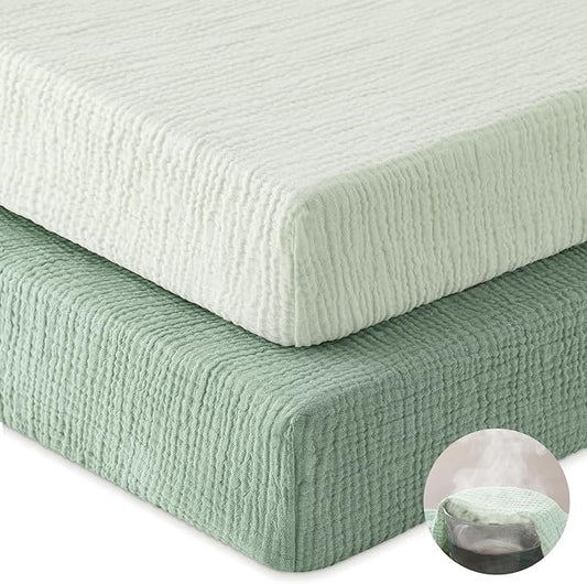 Muslin Crib Sheets for Boys Girls, 100% Cotton Fitted Crib Sheet 2 Pack for Standard Crib and Toddler Mattress, Breathable Soft Baby Sheet 28x52x8in Gradient Green