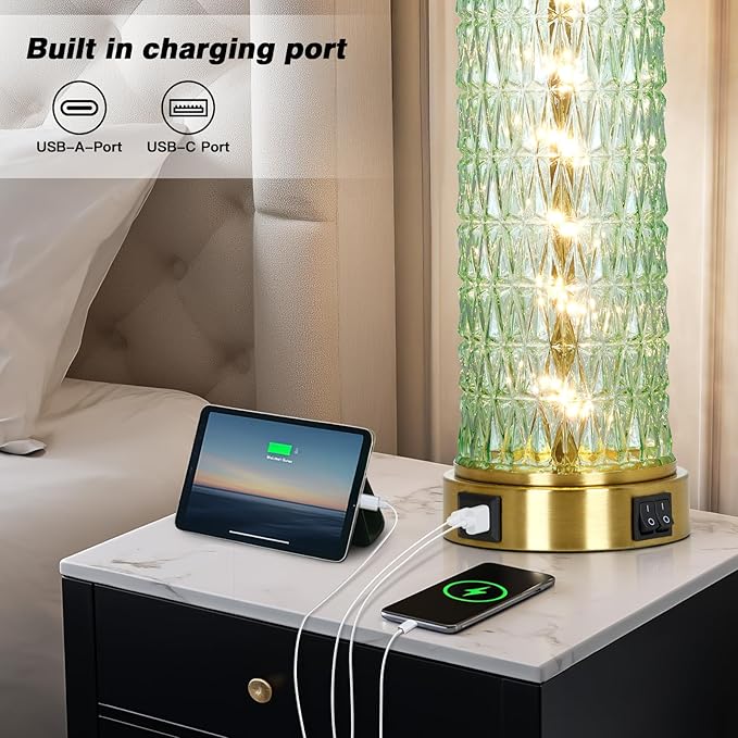 luxeflow 28" Green Glass Table Lamps Set of 2, Green Modern Bedside Lamp with LED Night Light, USB A+C, Glass Lamps for Living Room, Bedroom, Nightstand, Office, End Table (2 Bulbs Included)