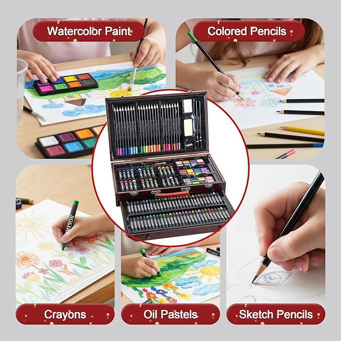 GOTIDEAL 143 Piece Kids Art Kits,Art Supplies with 3 Drawing Pads,Waterclolr Paints,Crayons,Colored Pencils,Paint Set in Wooden Case,Professional Art Kit Gift,Kids,Teens,Beginners（Auburn）