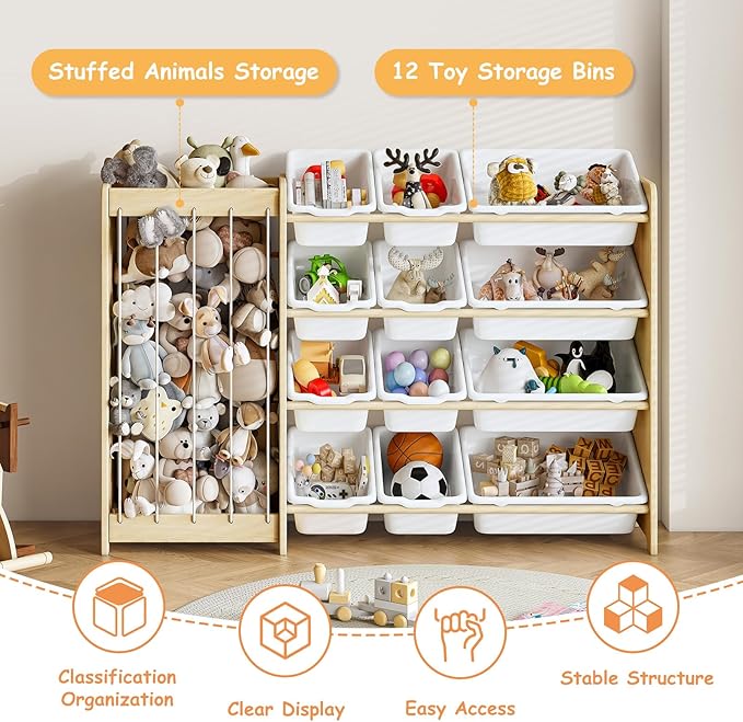 EXPERLAM Kids Toy Storage Organizer, 2-in-1 Stuffed Animal Storage & Toy Organizer w/12 Bins, Solid Wood Toy Rack Featuring Thicker Elastic Ropes to Hold Toys, Playroom Nursery Bedroom Storage, White