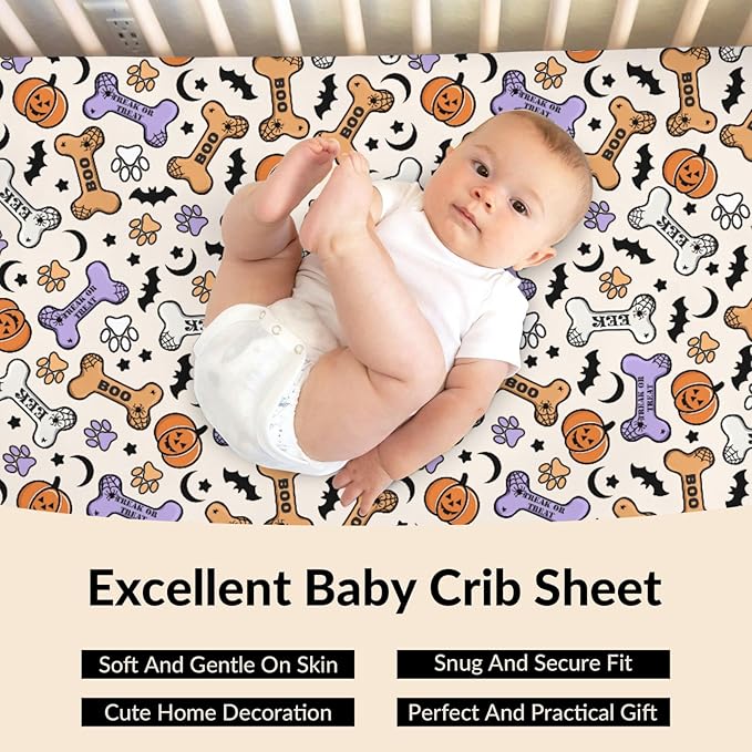 Cute Halloween Dog Paws Baby Crib Sheets Halloween Pumpkin Bone Bats Soft Baby Sheets Fitted Crib Mattress Cover Dog Lover Gift for Standard Crib Mattress 52"x28"
