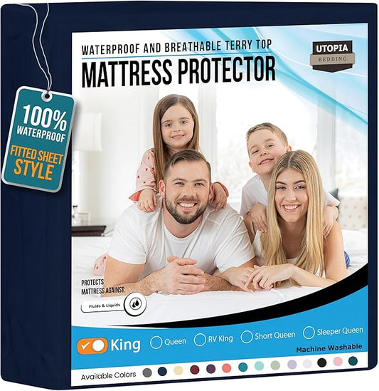 Utopia Bedding Waterproof Mattress Protector King Size, Premium 200 GSM Terry Mattress Cover, Soft & Breathable Bed Cover, Fitted Sheet Style with Stretchable Deep Pockets 17" (Navy Blue)