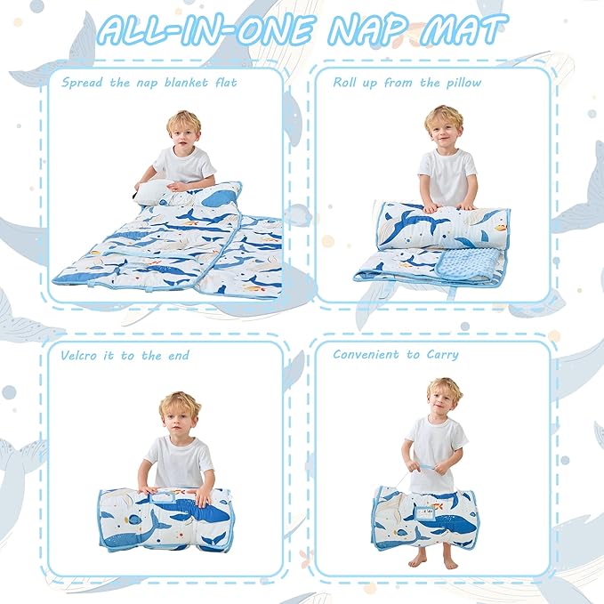 Toddler Nap Mat with Pillow and Blanket, Extra Large Rolled Napping Mats,Slumber Bags for Boys Girls,Kids Sleeping Bag for Daycare, Preschool Travel Camping
