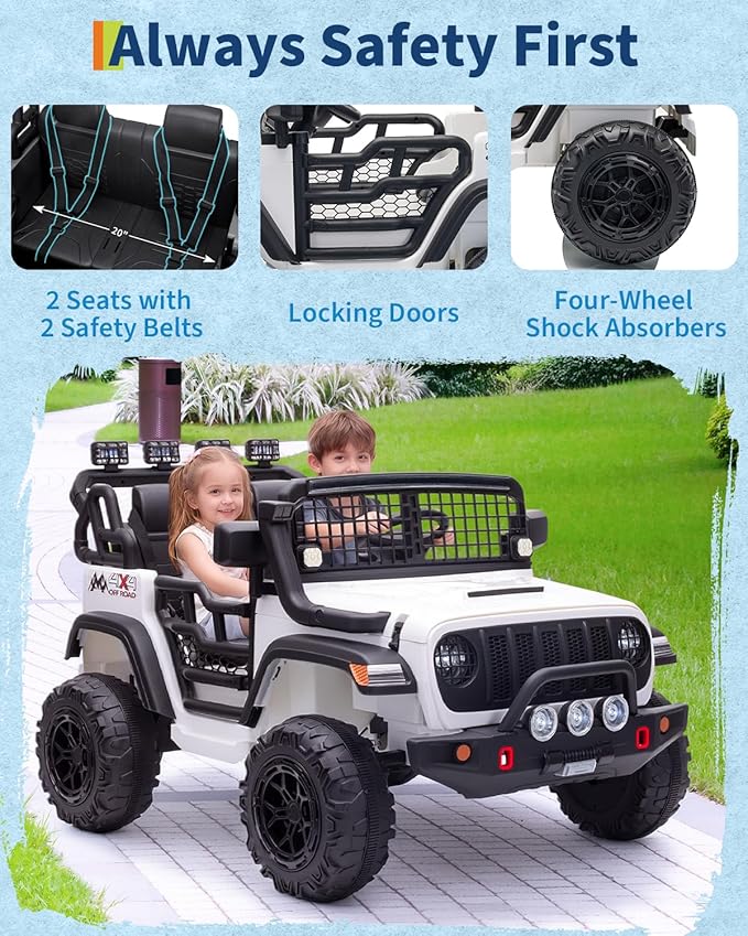 2 Seats 24V Kids Electric Ride on Car with Remote Control, 20" Large Seat with 2 Safety Belts, Two 200W Battery Powered Electric Vehicle for 3+ Years, LED Light,Music,Horn,USB Port, Riding Toy,White