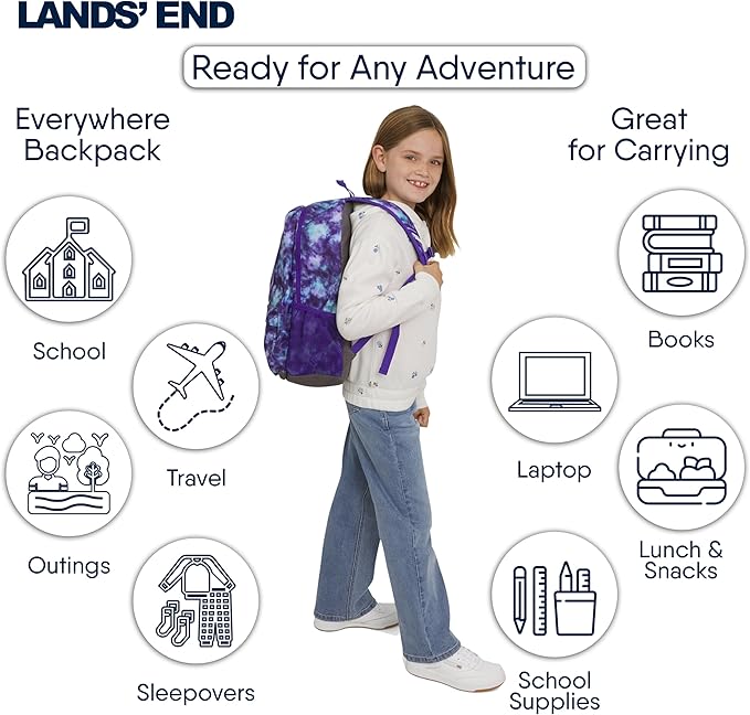 Lands' End Unisex Kids Large ClassMate Lightweight Durable Elementary School Backpack, Plum