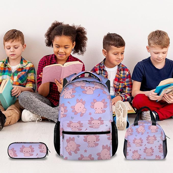 COZYAURA Backpacks for Girls - 3Pcs Cute Bookbag for Kids - Axolotl School Bag for Girls - Kids Backpacks with Lunch Box Pencil Case Set
