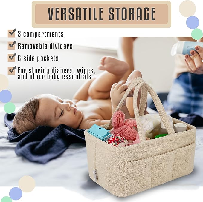 YelloIris Baby Diaper Caddy Organizer – Soft Beige Sherpa with 3 Removable Compartments & 6 Side Pockets – Perfect Nursery Storage Bin & Car Organizer for Diapers, Baby Wipes, and Essential Supplies.