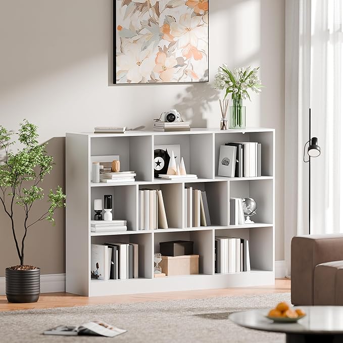 Cozy Castle White Bookshelf, 3-Tier Open Shelf Bookcase, 10 Cube Storage Organizer with Anti-Tilt Device for Bedroom, Living Room, 55.11" W x 11.61“D x 40.94“H