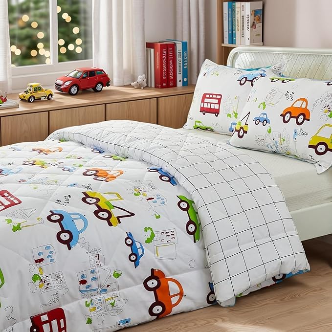 Brandream Kids Comforter Set Queen Full Size Cotton Boy Quilt Set 3-Piece Cars Trucks Bedding Set Lightweight Quilts
