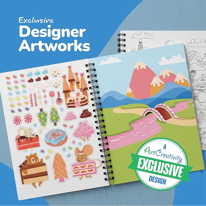 ArtCreativity Sticker Activity Book for Kids and Adults - 600+ Creative Stickers, 12 Unique Scenes & Coloring Book Pages - Toddler Road Airplane Travel Essentials - Fun Craft Gift for Boys and Girls