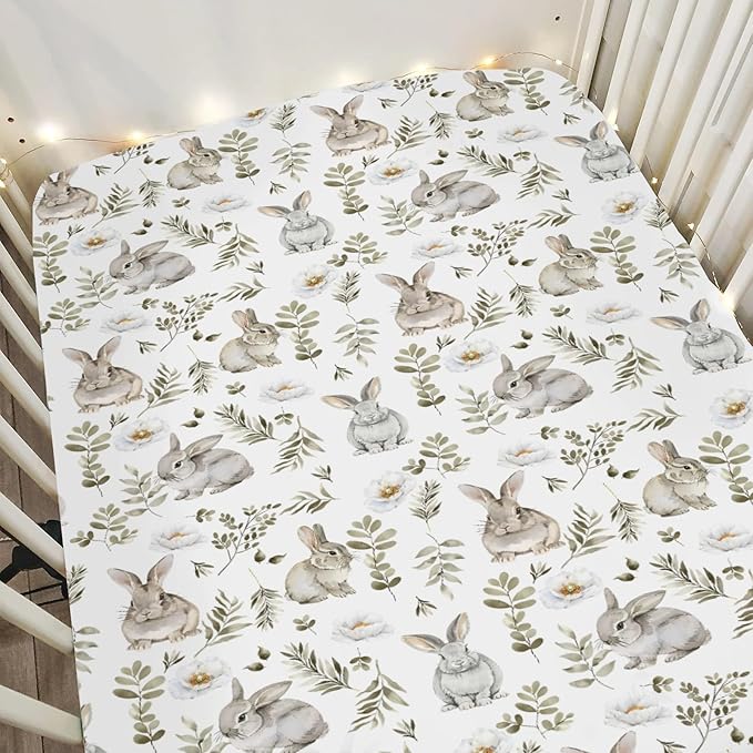 Watercolor Bunny Leaves Baby Crib Sheets for Boy Girl 52"x28" Spring Rabbits Flowers Soft Snug Fitted Crib Mattress Cover Animal Nursery Baby Sheet for Standard Crib & Toddler Bed Mattress