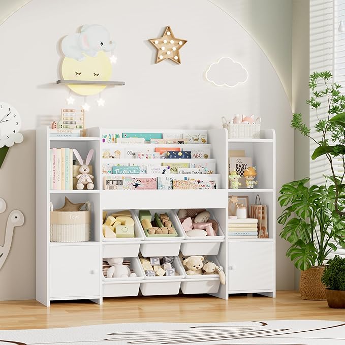 FINETONES Toy Storage Organizer with 6 Toy Bins, Toy Organizer Kids Bookshelf with 6 Cubbies, Toy Organizers and Storage Bins Playroom Storage for Kids Room, White