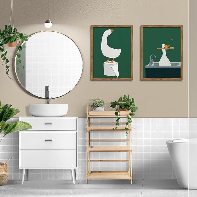 Framed Silly Goose Wall Art Bathroom Art Wall Decor Set of 3, Funny Gooses Poster Print, Dark Green Nursery Decor, Cute Animal Pictures Canvas for Kids Bathroom Washroom – 12x16 inch