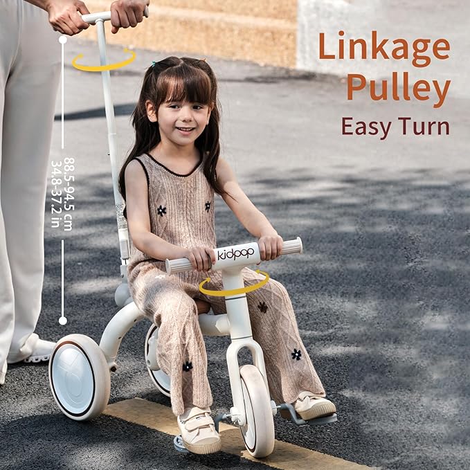 4-in-1 Toddler Tricycle with Adjustable Push Handle for 1-4 Year Old,Birthday Gift and Toy for Boys and Girls Removable Pedals Balance Bike&Scooter (White)
