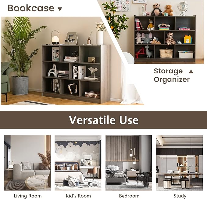 Giantex 8 Cube Bookcase, Freestanding 3-Tier Open Bookshelf, Modern Storage Display Cabinet, Wood Cube Storage Organizer for Living Room, Kid’s Room, Grey