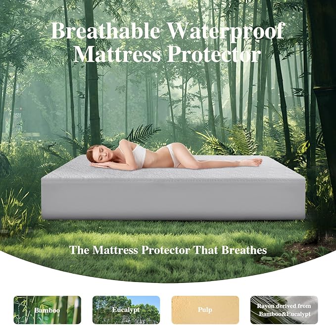 Twin Mattress Protector 2 Pack, Waterproof Mattress Pad Washable Rayon Mattress Cover Breathable Noiseless Bed Protector 3D Patterns 5" - 21'' Elastic Fitted Deep Pocket(Light Grey)