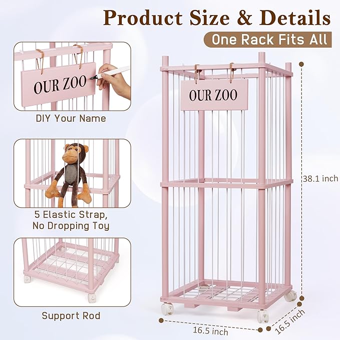 Edudif Stuffed Animal Storage Zoo, Wooden Stuffed Animal Organizer with Removable Wheels & 5-Row Elastic Cords, Space-Saving Plush Toy Storage Holder for Playroom, Bedroom, Nursery