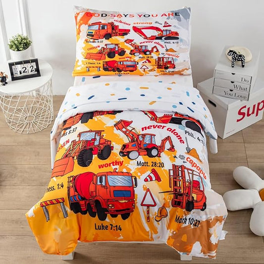 4 Piece Toddler Bedding Set for Boys,Cars Construction Toddler Bed Comforter Set Includes Comforter,Flat Sheet,Fitted Sheet and Pillowcase,Christan Trucks Tractors Bed in A Bag for Kids Bedroom