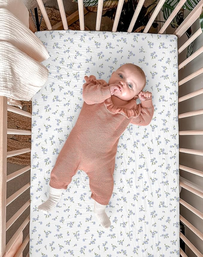 Crib Sheets for Baby Boy Girl 2 Pack, Fitted Crib Mattress Sheet 28" x 52", Muslin Toddler Bedding with Neutral Style, Nursery Bedding Essentials (Bluebell Bloom & Light Blue)