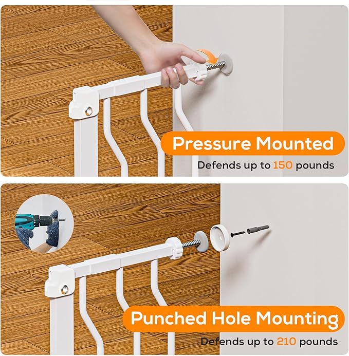 29-48" Baby Gate for Stairs, Baby Safety Essentials, Auto Close Gate for Doorways, Easy Install Pressure Mounted Dog Gate Indoor, Pet Gates for Dogs, White