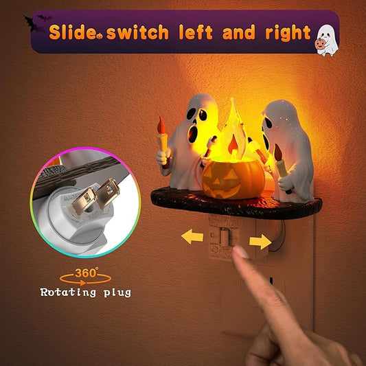 Halloween Night Light,Amber Night Lights Plug into Wall,Cute & Funny Flaming Jumping Night Light,Plug in Ghost & Pumpkin Nightlight with 360° Rotatable for Kids Halloween Party Decor, 2 Pack
