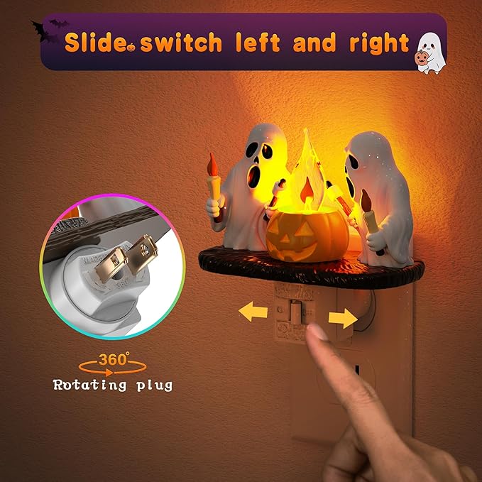 Halloween Night Light,Amber Night Lights Plug into Wall,Cute & Funny Flaming Jumping Night Light,Plug in Ghost & Pumpkin Nightlight with 360° Rotatable for Kids Halloween Party Decor, 1 Pack