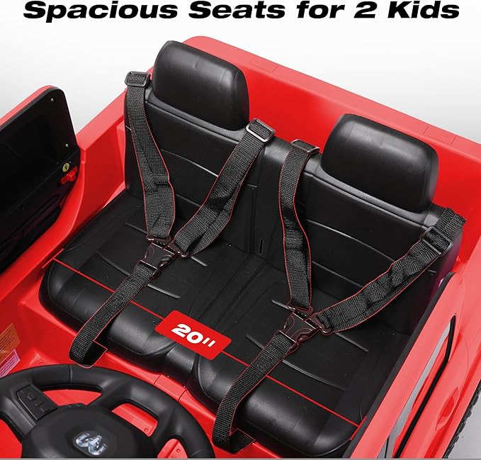 FUNTOK 24V 2 Seater Ride On Truck for Big Kids, Licensed RAM 2500 Kid's Electric Vehicles w/Remote Control, LED Light/Music/MP3/Bluetooth, Truck Bed Storage, Carry Wheels & Handle, Car for Kids 3-8