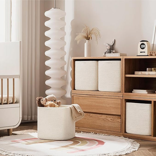 joybest 13x13x13inch Cube Storage Bins Set of 4, Cotton Rope Woven Organizer Basket for Shelves, Cube Bin Square Shelves Organizer Closet Storage, Nursery, Toy Organization, Beige