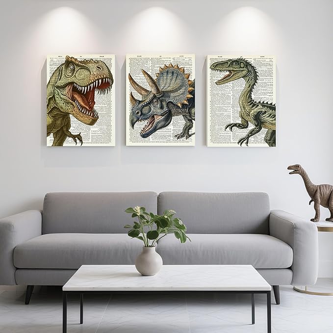 Ovczax 3 Pieces Dinosaur Canvas Wall Art - Tyrannosaurus Rex, Triceratops, Velociraptor Decor For Kids Room Game Room, Living Room, Bedroom 24" x 16"