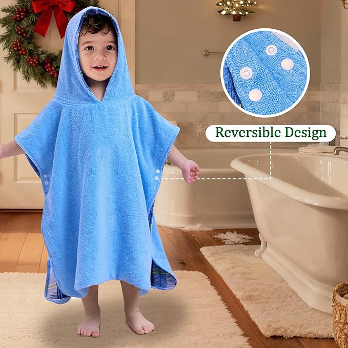 VOOVA & MOVAS Double-Layered Baby Hooded Towel Poncho (2-4 Years, 20x21 Inches) | Ultra Soft & Absorbent Cotton | Thick Toddler Bath Towel for Swimming, Beach, Shower & Winter, Blue Bufflo