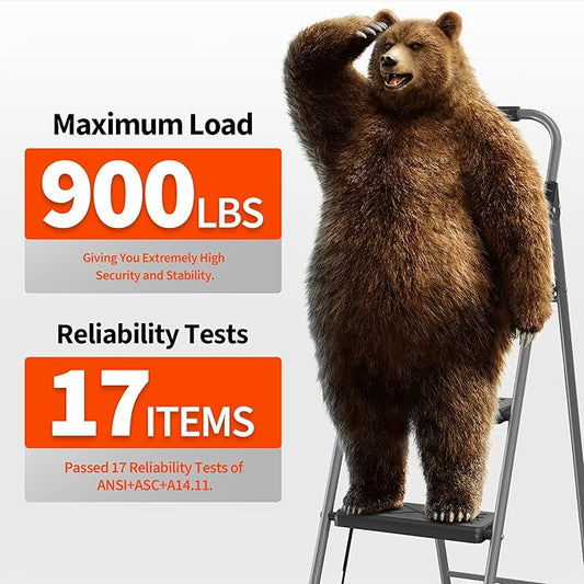 DIAMONDFORGE 3 Step Ladder, Folding Step Stool with Anti-Slip Wide Pedal, Soft Handle, Anti-Slip Feet, Sturdiest Steel Construction, 900lbs Capacity Steel Ladder for Home and Office, Grey