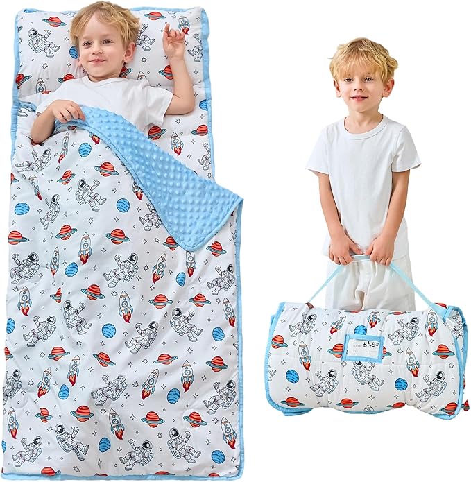 Toddler Nap Mat with Pillow and Blanket, Extra Large Rolled Napping Mats,Slumber Bags for Boys Girls,Kids Sleeping Bag for Daycare, Preschool Travel Camping