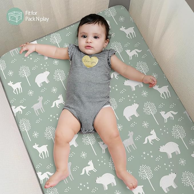 Baby Mini Crib Sheets Boy, Portable 38”x26” Pack and Play Sheets Fitted for Playard and Pack N Play Mattress, 3-Pack Soft Microfiber Green Forest Bear