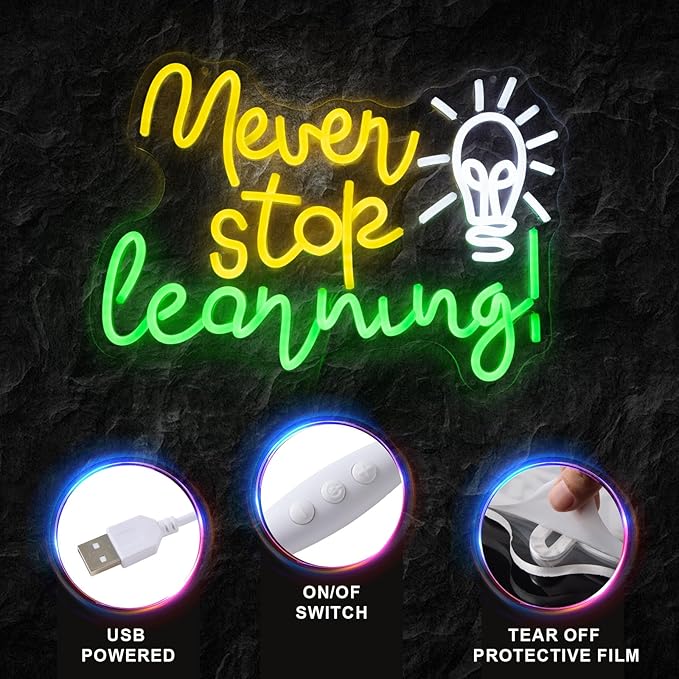 Never Stop Learning Neon Sign Letters neon signs for Wall Decor Dimmable 5V USB Powered Classroom LED Light Sign for Study Office Decoration Education Gifts.(16.5x11.8in)(Yellow, Green, Cool White)