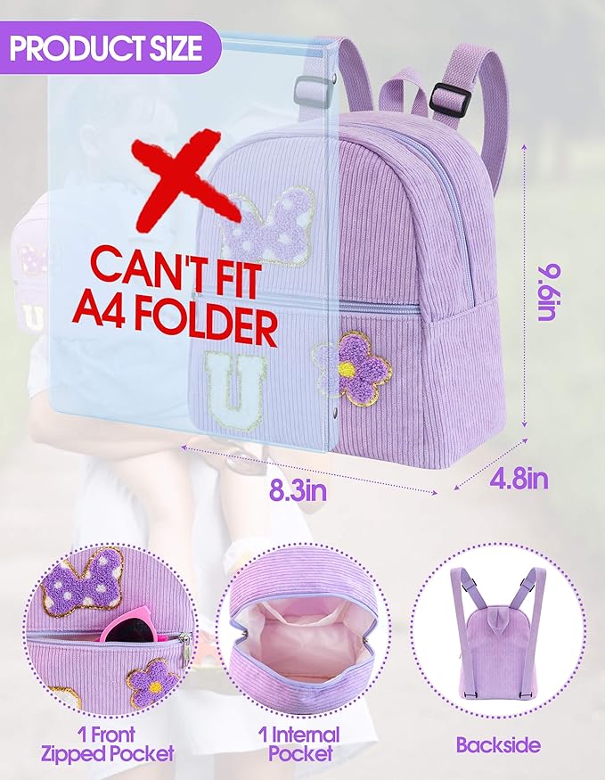 2 3 4 5 6 Year Old Girl Gifts Chenille Initial Mouse Bow Mini Backpack, Corduroy Toddler Backpacks Christmas Birthday Gifts for Girls 2-4 5-6, Purple Mini Diaper Bag Must Haves for Park Travel U