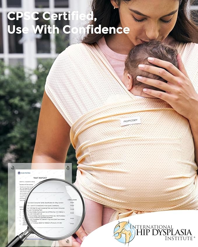 Momcozy Baby Carrier AirMesh - The Perfect Summer Sling for Newborns to Toddler 8-35 lbs - Cooling Fabric Baby Wrap, Lightweight, Ergonomic, and Easy to Wear, Light Beige