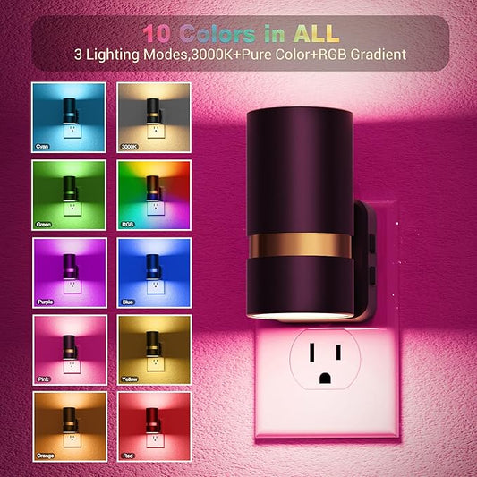 JandCase Night Lights Plug into Wall,2 Pack 10-Color Change RGB Night Light with Dusk to Dawn, 10/25/50/75/100LM Dimmable Plug in LED Nightlight for Bedroom, Hallway, Stairs