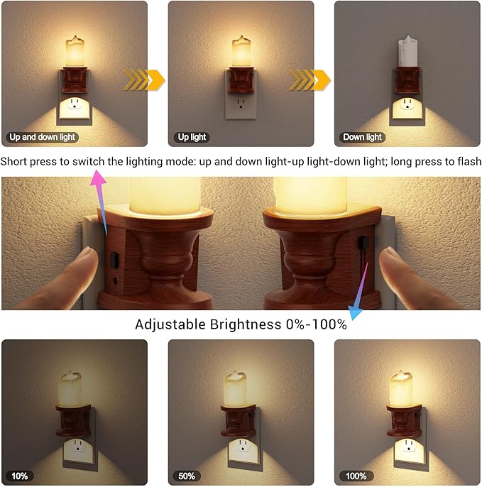 JandCase Nightlight Flameless Candle, 2 Pack Night Lights Plug into Wall, 0-100LM Dimmable Nightlight, 3000K Soft White, LED Candle Night Light with Light Sensor, for Kids Hallway Bathroom