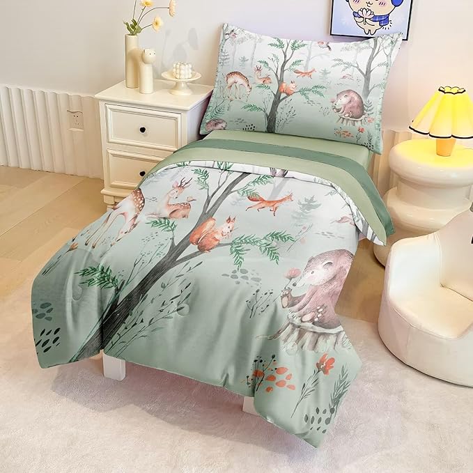 4 Pieces Woodland Animal Toddler Bedding Set, Forest Deer Bear Fox Bed Comforter Set for Boys Girls, Cute Toddler Bed Set Includes Comforter, Flat Sheet, Fitted Sheet and Pillowcase