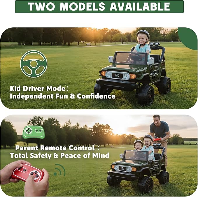 24V Ride on Toys for Kids, Licensed Toyota FJ, 2 Seater Ride on Car with Remote Control, Electric Car w/ 4-Wheeler Suspension, Led Light, Music, USB, Electric Vehicle for Age 3-8, Green