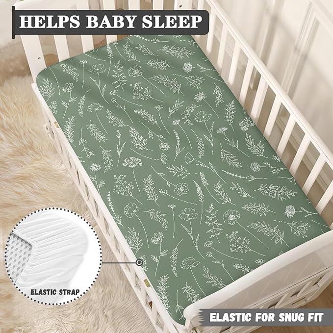 Wildflowers Meadow and Flowers Fitted Crib Sheet Green Sage Baby Crib Sheet Fit Standard Crib and Toddler Mattress,Crib Mattress Sheets for Boys Girls 28"x52"