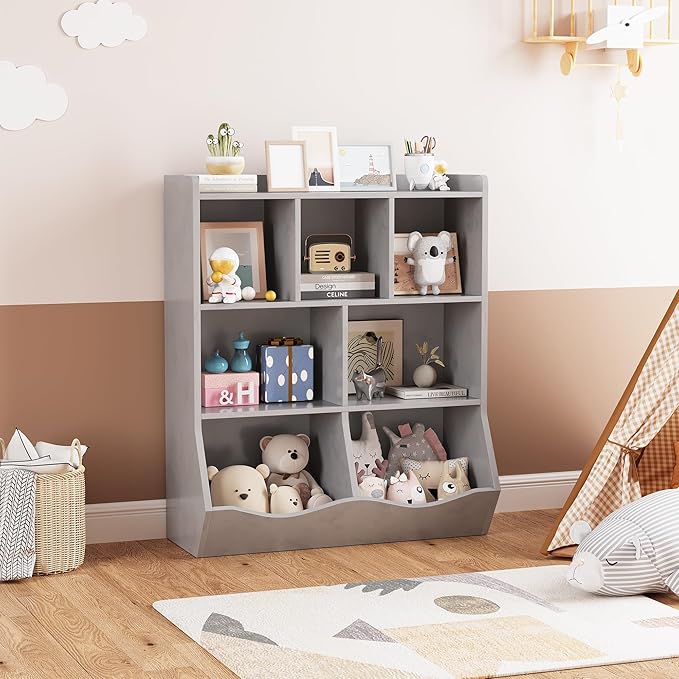 GarveeHome Grey Toy Storage Cabinet, Three-Tier Kids Bookshelf and Bookcase for Storage Books and Toys, Multi Shelf with Cubby Organizer for Bedroom and Playroom