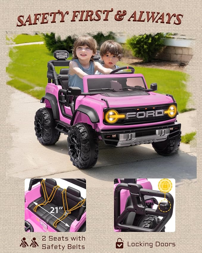 First Ride On 24V Ride on Toys for Big Kids, Licensed Ford Bronco Raptor 2 Seater Ride on Cars with Remote Control, Ride on Truck w/ 4-Wheeler Suspension, 3 Speeds, Led Lights, Bluetooth (24V, Pink)