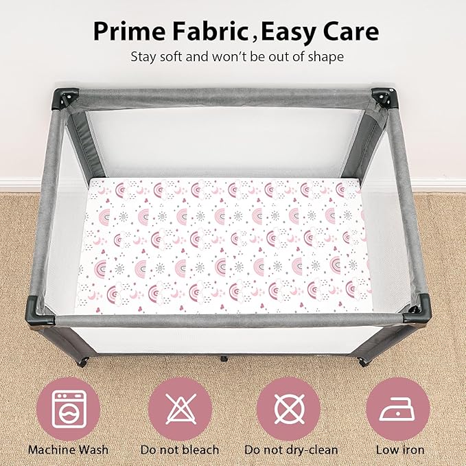 Baby Mini Crib Sheets Girl, Portable 38”x26” Pack and Play Sheets Fitted for Playard and Pack N Play Mattress, 3-Pack Soft Microfiber Pink Rainbow