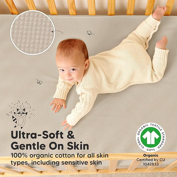 2-Pack Waterproof Crib Mattress Protector Cover Fitted - Quiet Baby Crib Mattress Pad Sheets, 52" x 28" Soft Quilted Cotton Baby Sheet, Machine Washable, Easy Fit, Durable (Ecru/Quin)