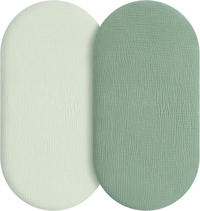Muslin Bassinet Sheets Boy Girl, 100% Cotton Fitted Bassinet Sheet Set 2 Pack Bassinet Mattress Sheets Universal Fit for Rectangle, Round, Oval, Hourglass Mattress, Soft Breathable
