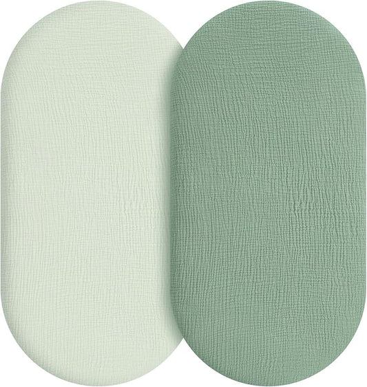 Muslin Bassinet Sheets Boy Girl, 100% Cotton Fitted Bassinet Sheet Set 2 Pack Bassinet Mattress Sheets Universal Fit for Rectangle, Round, Oval, Hourglass Mattress, Soft Breathable