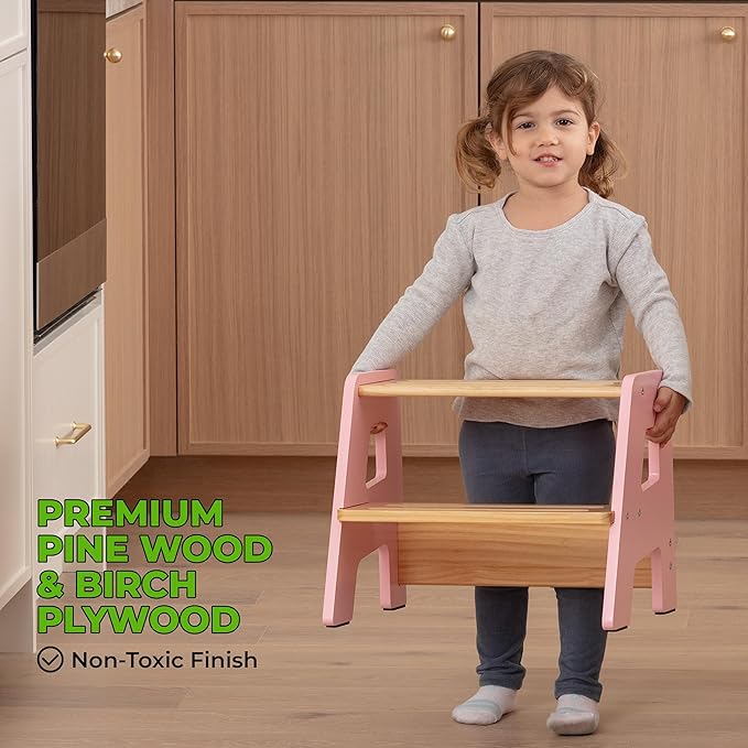 OCODILE 2-Step Wooden Step Stool for Toddlers | Kids Stool for Bathroom Sink & Kitchen Use | Non-Slip Step | Wooden Stool for Children Ages 2+ Years Pink
