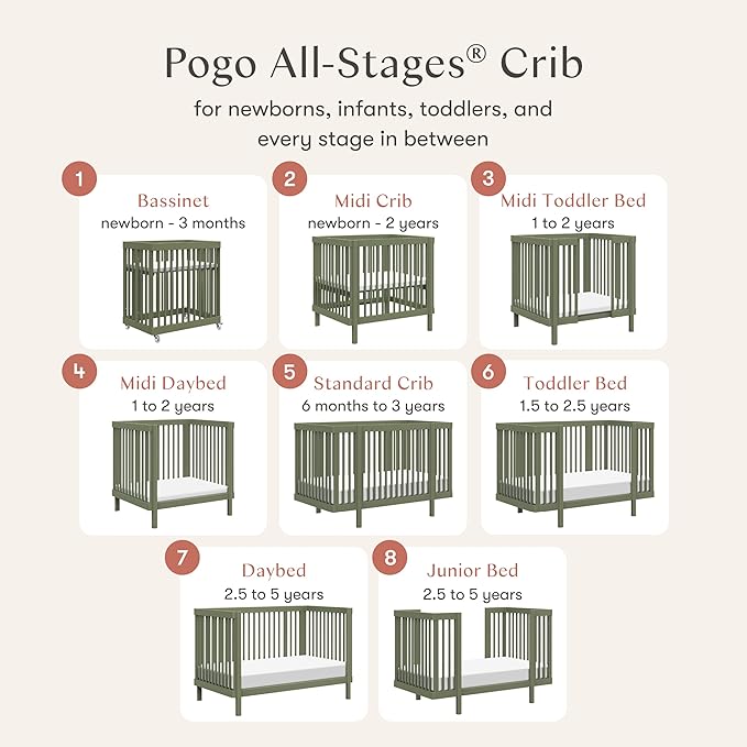 Babyletto Pogo 8-in-1 All-Stages® Convertible Crib - Conversion Kits for Bassinet, Midi Baby & Full-Size Crib to Toddler Bed, Daybed, and Baby Bed - GREENGUARD Gold Certified - Portable & Adjustable